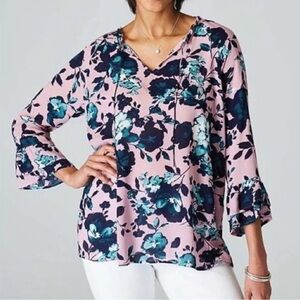 J. Jill Beautiful Blooms Floral Bell Sleeve Blouse Purple Size Small